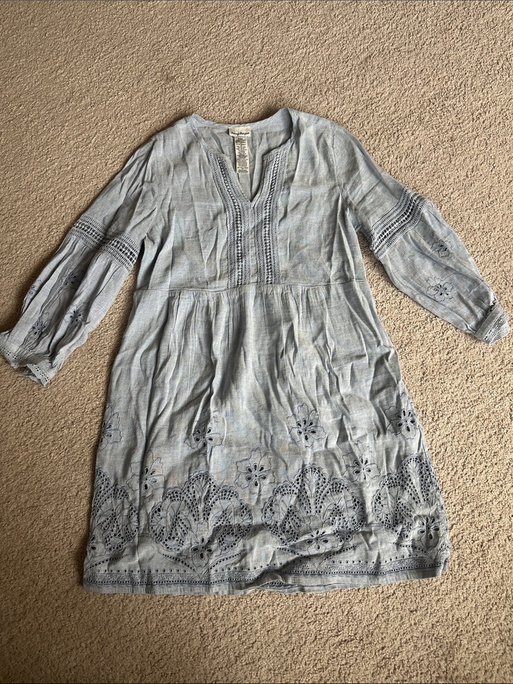 Tommy Bahama Light Blue Long-Sleeve Embroidered Linen Blend Dress- Size S/P